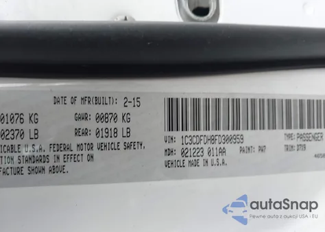 2015 Dodge Dart Aero z USA, uszkodzony, nr VIN 1C3CDFDH8FD300959